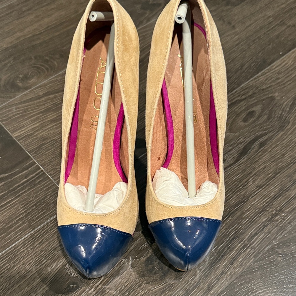 Aldo Tan and Blue Heels with Classic Two-Tone Design